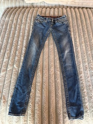 Rock Revival Elena Skinny Jeans Size 24 Crystal Pockets Dark Wash Distressed