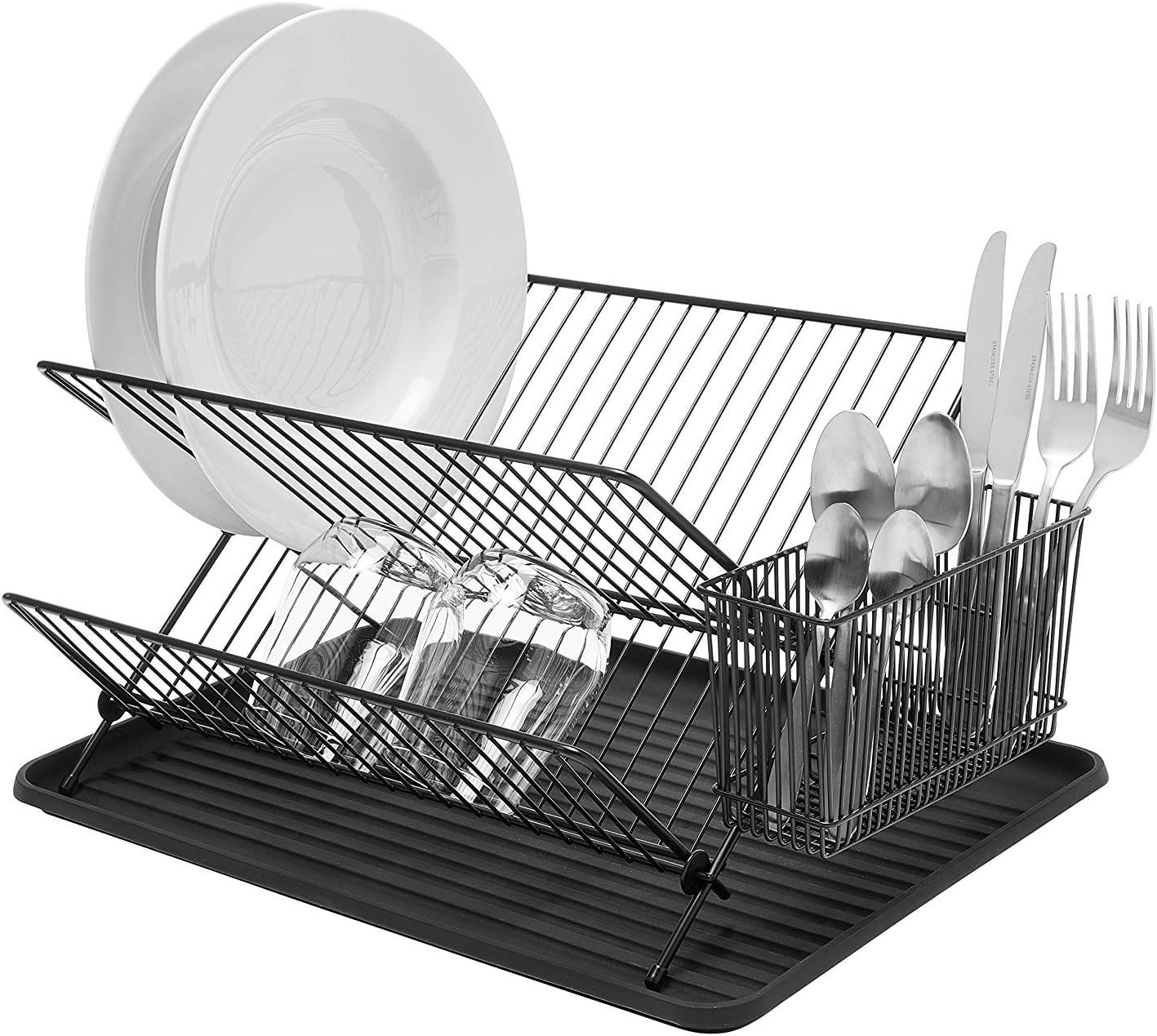 simplywire – Folding Dish Drainer – Plate Drying Steel Rack with Cutlery Ho