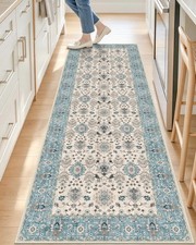 2X6 Washable Runner Rug, Soft Non Slip Carpet for Hallway Kitchen Blue Boho Vi