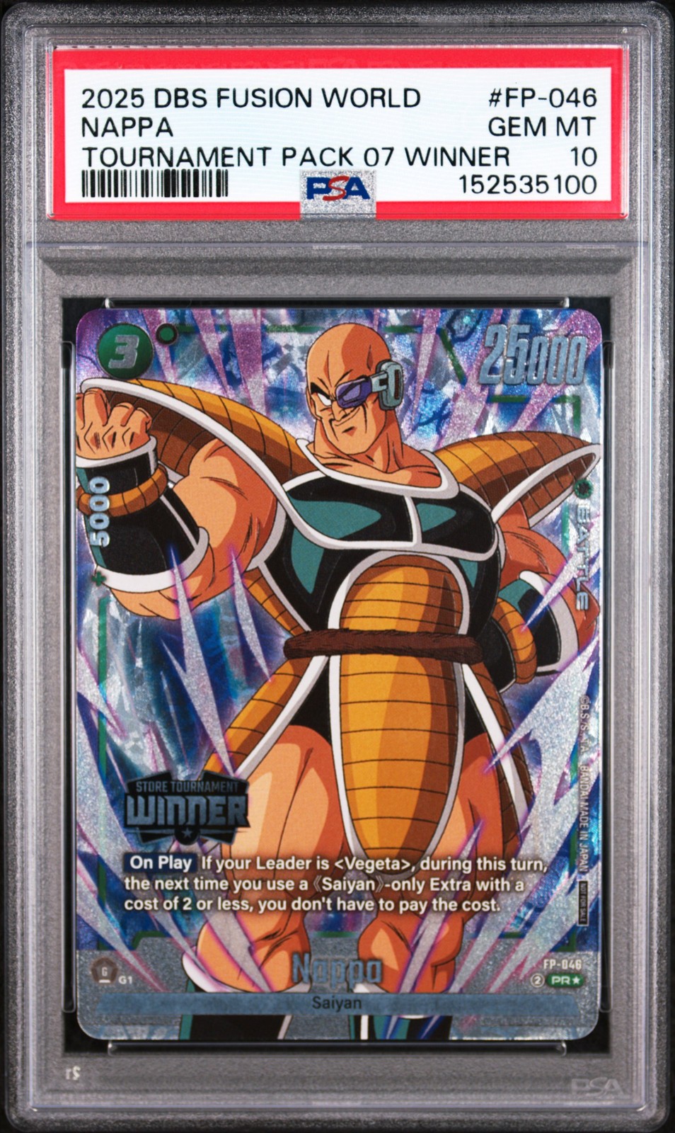 2025 DRAGON BALL SUPER CARD FUSION WORLD TOURNAMENT PACK 07 WINNER NAPPA PSA 10