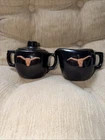 Frankoma King Ranch Black Creamer And Sugar Dish Crock Longhorn Pottery