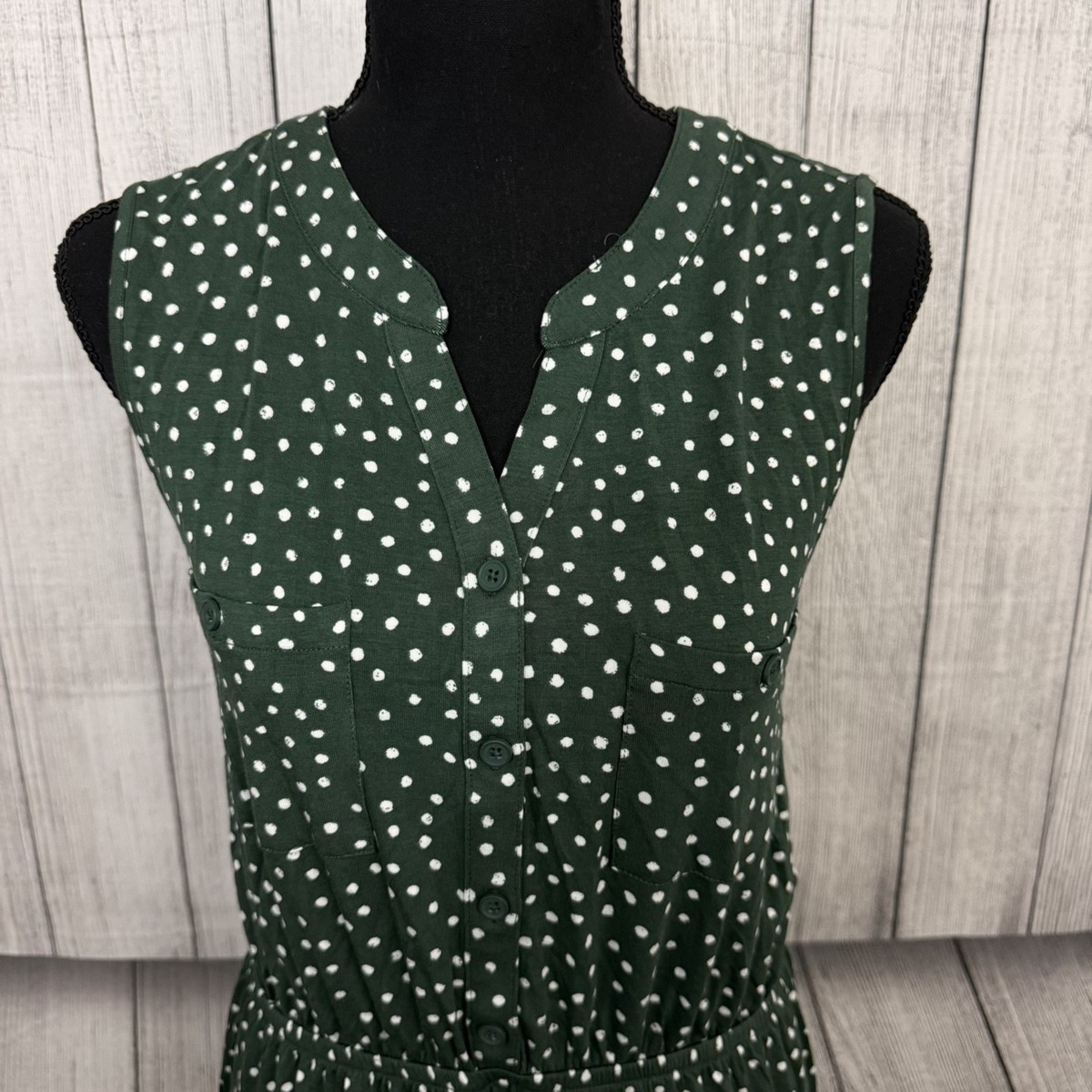 NWT 41 Hawthorn Women's Large Green Polka Dot Sleeveless Blouson V-Neck  Dress