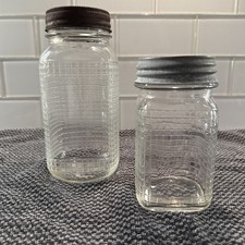2 Vtg Glass Embossed Waffle Grid Pattern Quart+ Jars Clear Panels Ball Zinc Lids