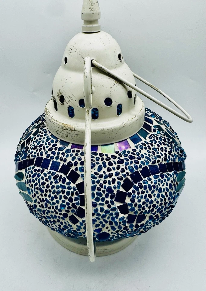 Pier One Mosaic Glass Cobalt Blue Hanging Garden Lantern Candle Boho - Image 2 of 4