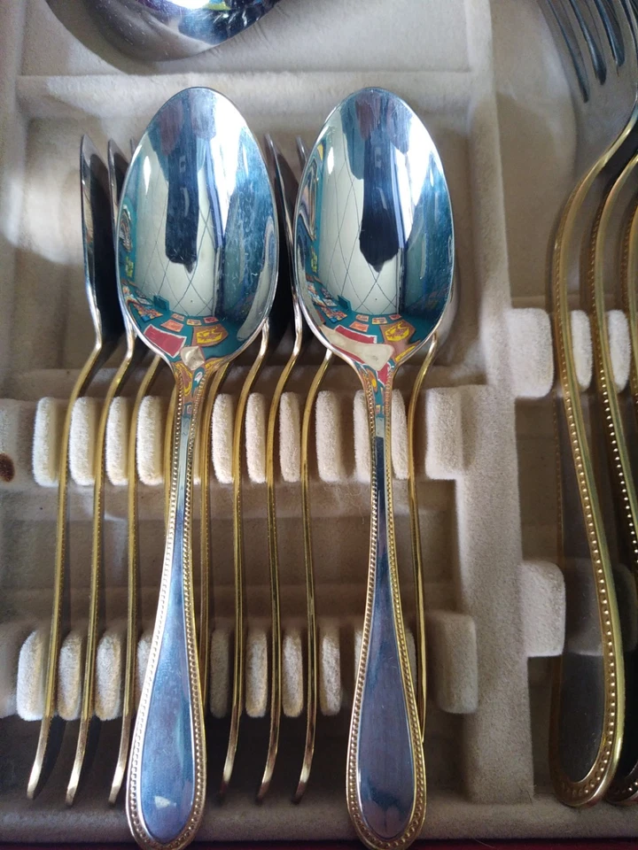 Ancienne Ménagère Guy Degrenne 49 Pièces Inox Décor Perles Dorées. Années 1970 - Photo 3/4