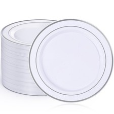 100PCS White Plastic Plates, 10 Inch Disposable Dinner Plate Party with Silve...
