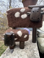 Vintage Hand Carved Wood Wool Mother Baby Cow Sculptures Folk Art Farm Decor