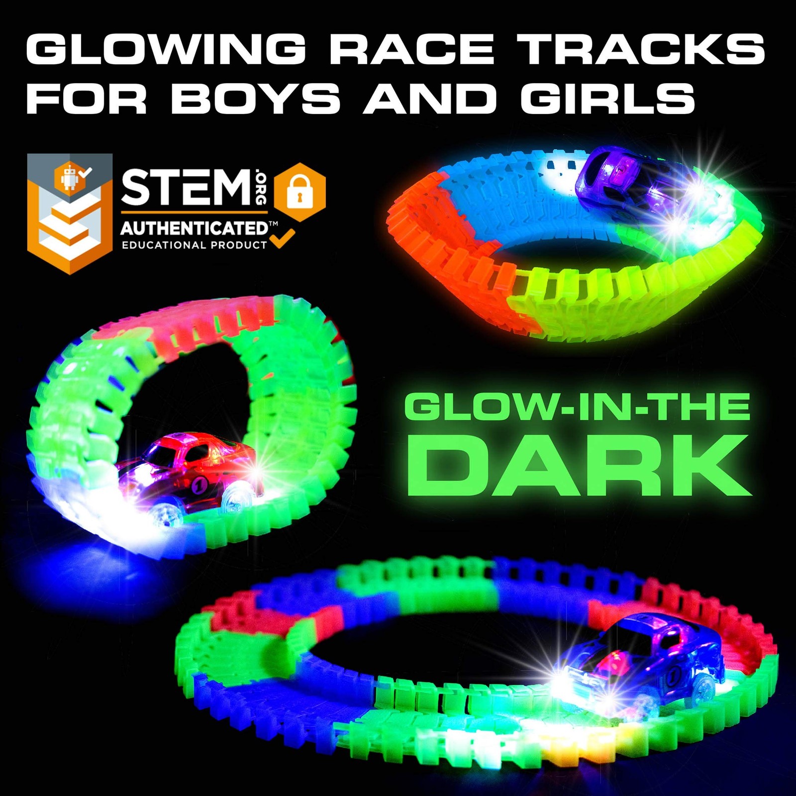 USA Toyz Glow Trax Glow in The Dark Race Tracks for Kids- Speedway Race Car T...