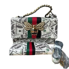 Queen Bee Satchel Purse w Wallet Vegan Leather Stripe Money Print Bejeweled NWOT