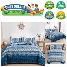 Blue Quilt Set Queen Size, Bohemian Stripe 3 Pieces Quilts Bedspread Set Boho...