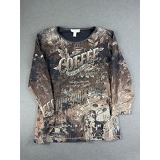 Vintage Y2K Dressbarn Womens Brown Long Sleeve Tee Coffee Graphic USA Made L
