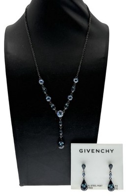 Givenchy Vintage Blue Crystal Y-Drop Necklace & Double-Drop Earrings Jewelry Set