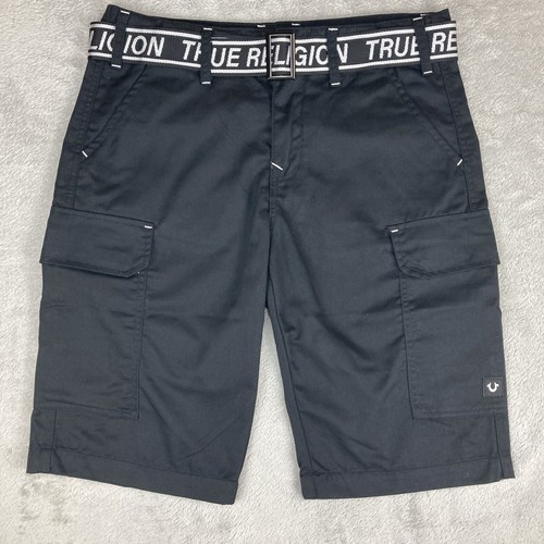 True Religion Mens Belted Logo Cargo Shorts Jet Black Size 30 #700378 NWT