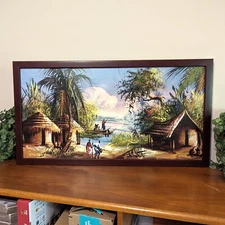 Original African Oil Painting Tropical Landscape Congo River SIGNED 34x19 Tribal