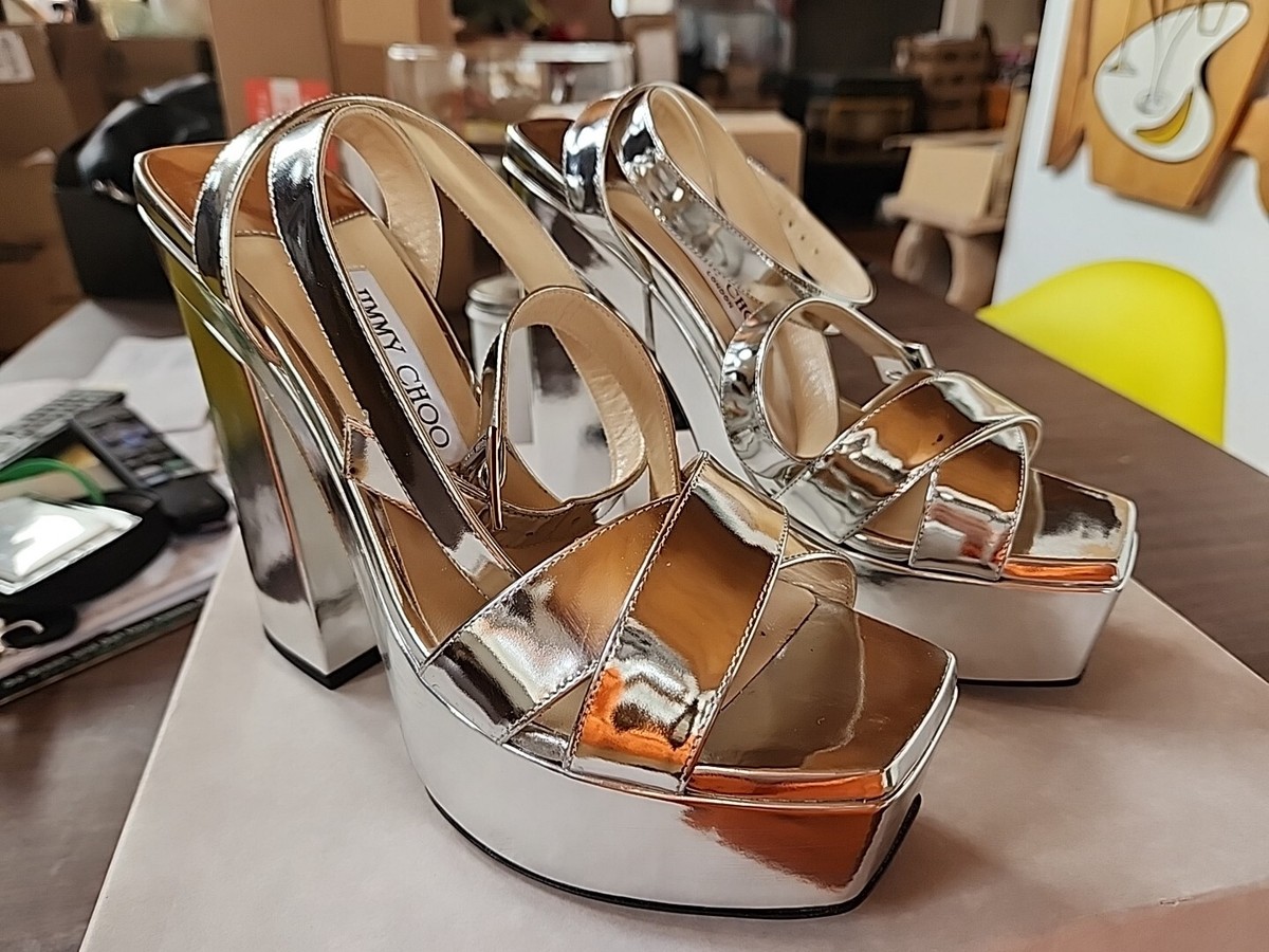 Jimmy Choo Gaia 140 Silver Liquid Metal Leather Platform Sandals 