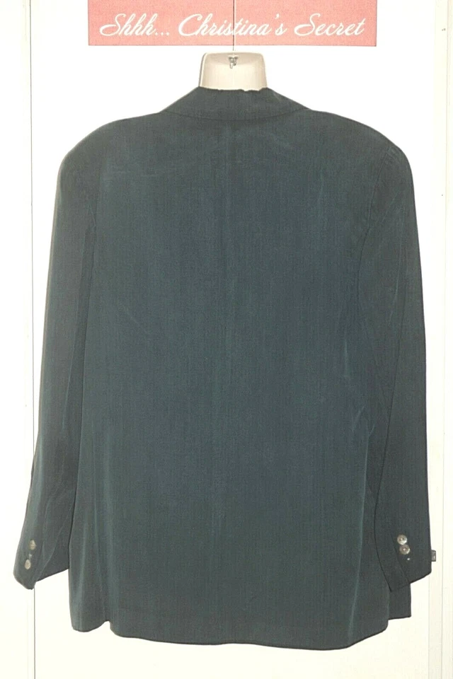 VINTAGE JENNIFER MOORE Jacket Blazer 100% Silk Dark Green Lined Pockets Sz 16W - Image 2 of 4