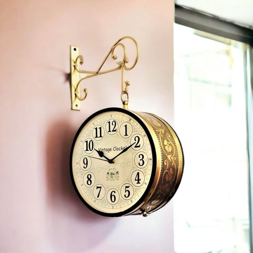 Vintage Clock Double Side Railway Style Analog Clock With Brass Finish 15X15 Cm - Picture 6 of 6