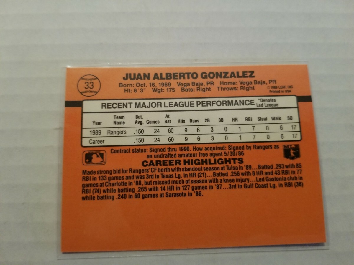 1990 Donruss Juan Gonzalez RC #33 ERROR Card No Period after Inc
