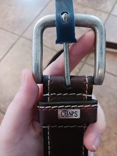 Chaps Mens XL 42-44 Brown Leather Belt Red & White Double Stitch Silver Buckle