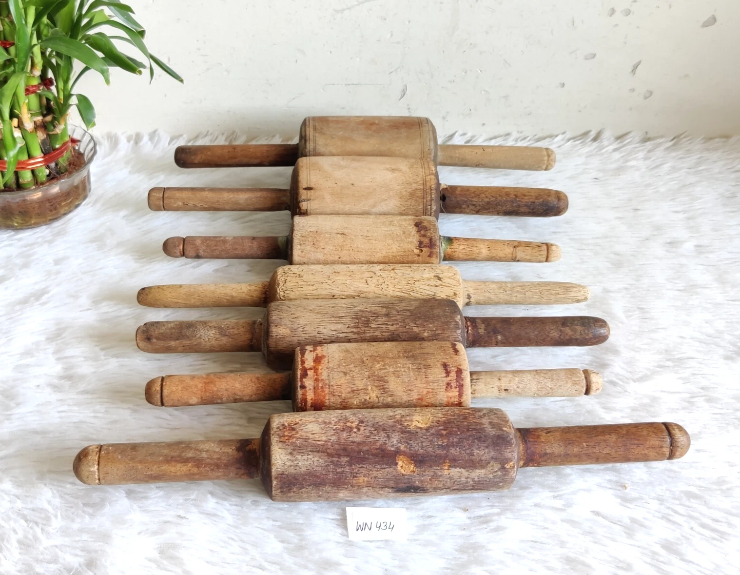 Antique Handmade Bread Bakers Wooden Rolling Pin 7Pcs Retro Kitchen Decor WN434