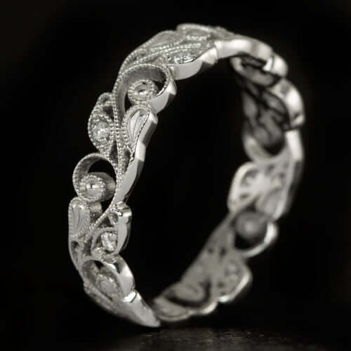 FILIGREE ART NOUVEAU DIAMOND WEDDING BAND VINTAGE STYLE FLORAL RING ENGRAVED - Picture 2 of 3