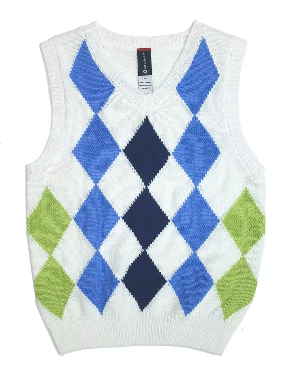 Sweater Boys Vest Blue Argyle Knit V Neck Pullover Kids Size 4 5 6 7 White New