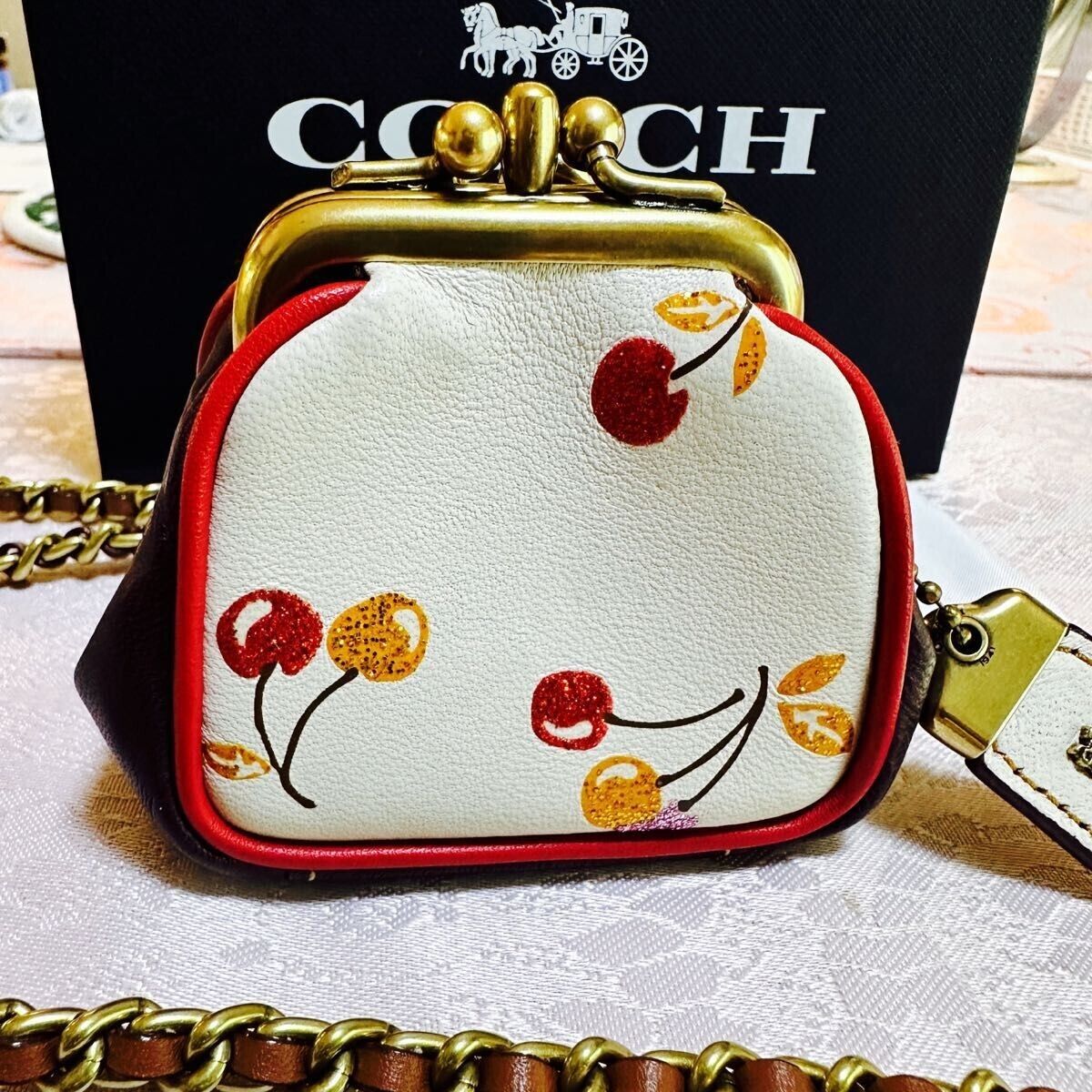 COACH Cherry Print Glitter Frame Kisslock Purse Pouch Crossbody Chain Strap Rare COACH Cherry Print Glitter Frame Kisslock Purse Pouch Crossbody Chain Strap Rare