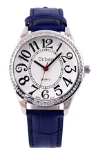 Urban Ladies Silver Diamante Large Numbers Dial Navy Blue PU Leather Strap Watch