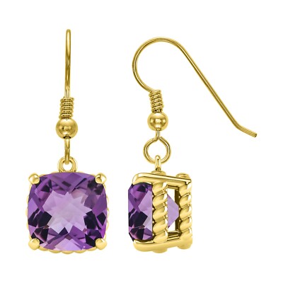 11.00Ct Cushion Cut Natural Amethyst 14k Yellow Gold Plated Dangle Earrings 925