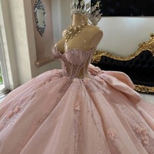 Pink Quinceanera Dresses Sweet 15 16 Bowed Beaded 3D Floral Glitter Ball Gowns
