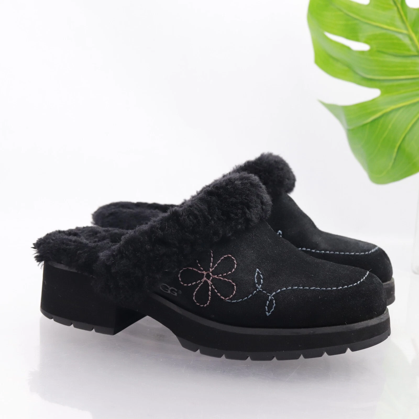 Scarpe sherpa da donna UGG Solvag mule taglia 8 shearling tacco a blocco fiori nero