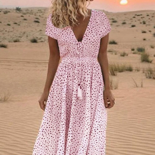 Summer Women's Beach Holiday V Neck Long Maxi Dress Ladies Boho Holiday Sundress - Picture 12 of 24