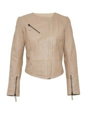 Hoss Intropia Blush Leather Jacket 40 12 M Soft Salmon Pink Beige Zip Round Neck