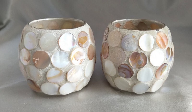Set (2) Sand & Shell Covered Round Tea Light/Votive Candle Holders