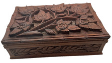 Hand Carved Wood Folk Art Hinged Lidded Decorative Jewelry Trinket Box Vintage