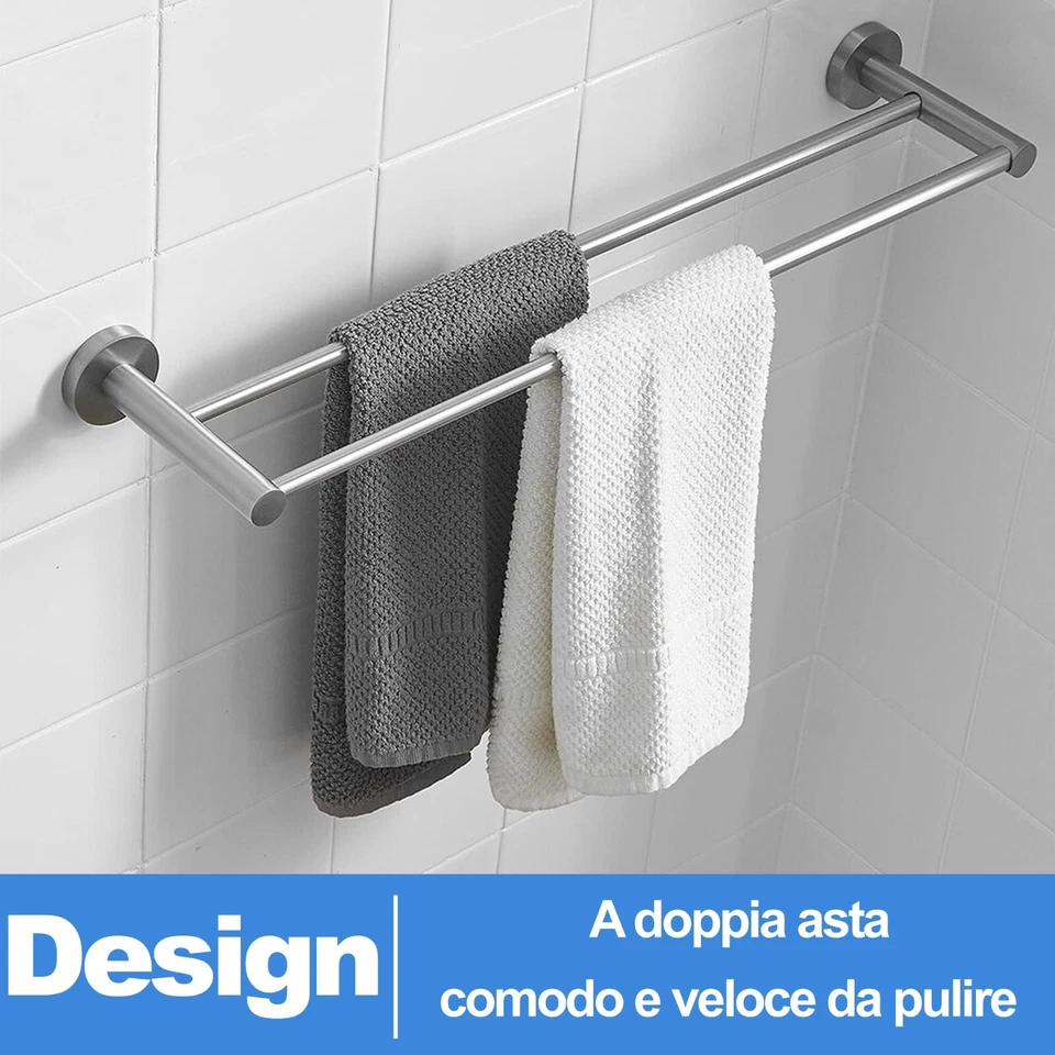 PORTASCIUGAMANI DA PARETE A DOPPIA ASTA 61 CM ARGENTO DESIGN MODERNO MOD:00252 - Immagine 4 di 4