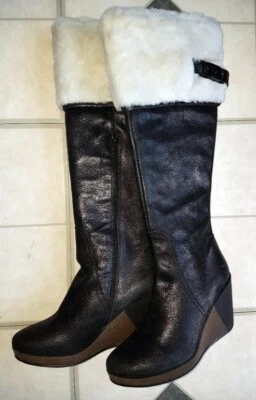 Scholl Bottes compensées en cuir noir irisé revers fourrure blanc T 38 - Photo 1/4