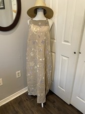 Women’s Bib Overall Maxi Dress Size XL Burlap Linen Oatmeal Floral Cottagecore