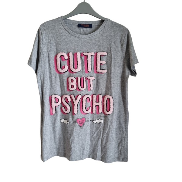 Trussardi Jeans Slogan T Shirt Womens Medium Grey Chenille Cute But Psycho Top