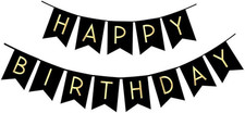 Black Happy Birthday Bunting Banner with Shiny Gold Letters Party Supplies