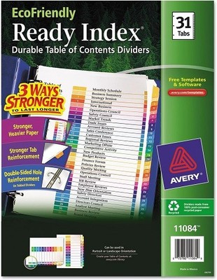 Ready Index(R) Customizable Table of Contents EcoFriendly Dividers 1-31 Tab
