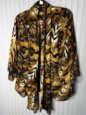 Notations Jacket Womens 2X Brown Animal Print Sheer Open Front Kimono Cardigan