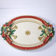Fitz & Floyd Christmas Deer 18.5" Platter Red Ribbons Gold Bells Juniper Holly