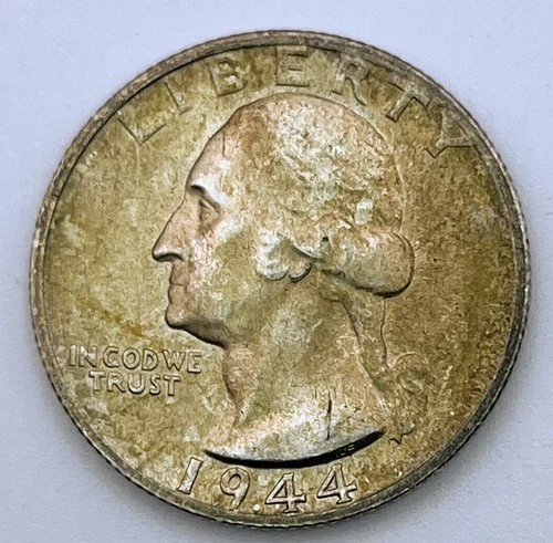 1944 S Washington Quarter 90% Silver Toned Toning AU Almost Uncirculated