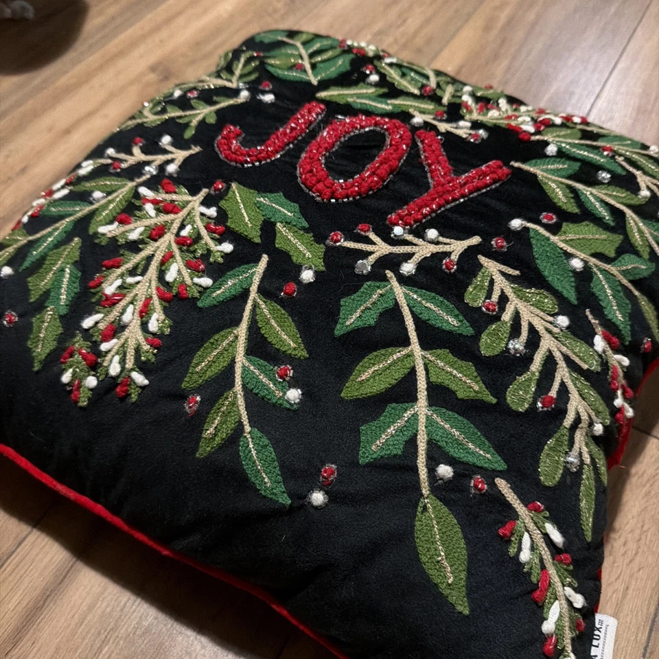 Bella Lux Hand Felted Pillow JOY Christmas Holiday Wreath Red 20x20 inch - Image 3 of 4