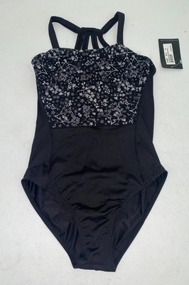 Bloch Girls Halter Neck Print Mesh One Piece Swimsuit Black Size Large