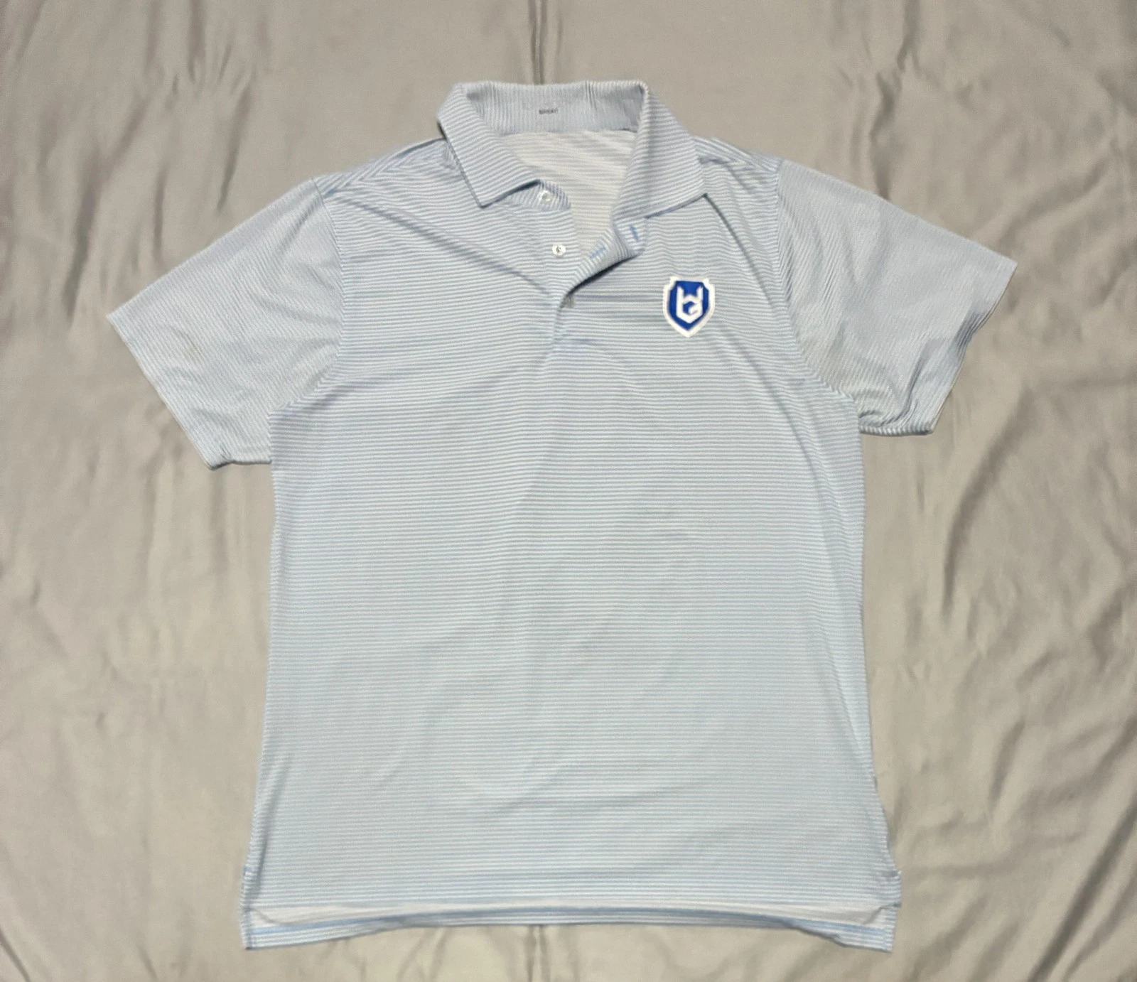 Draddy Sport Polo Shirt Mens Medium Blue White Stripe Golf Stretch Performance