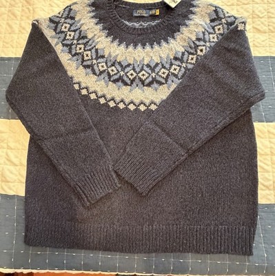 Polo Ralph Lauren Men's Yolk Pattern Crew Neck Sweater XXL 100% Wool Navy Blue
