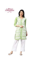 Light Green Lucknowi Chikankari Kurti for Women  Cotton Ethnic Embroidered