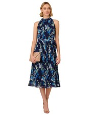 Adrianna Papell Women's Floral Pleated Chiffon Dress Blue Size 10 MSRP $189